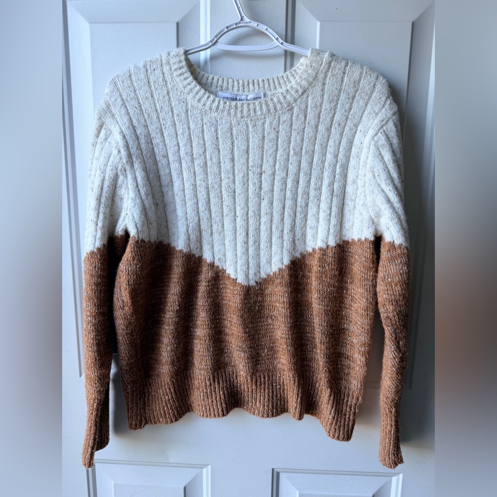 Cupcakes & Cashmere Colorblock Knit Sweater Cream Brown Women’s Large